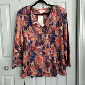 New Aura Womens Artsy Button Front Tunic Blouse Large Geometric Boho Hipster